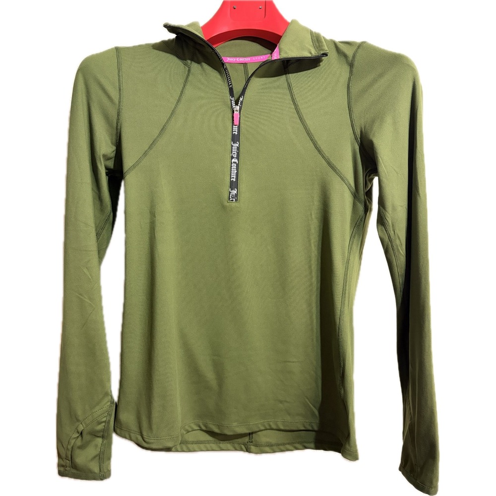 Juicy Couture Sport Womens XS Olive Green Quarter Zip Pullover Thumbhole Top